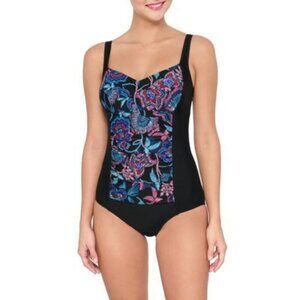 KRISTA One Piece Swimsuit Tropical Floral Panel Solid Black Tummy Control Modest